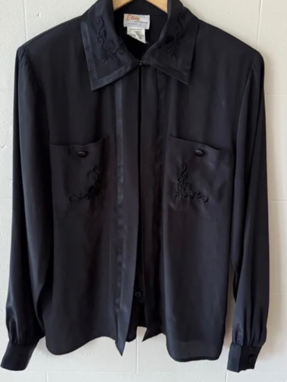 Vintage Black Satin Embroidered Collar Blouse